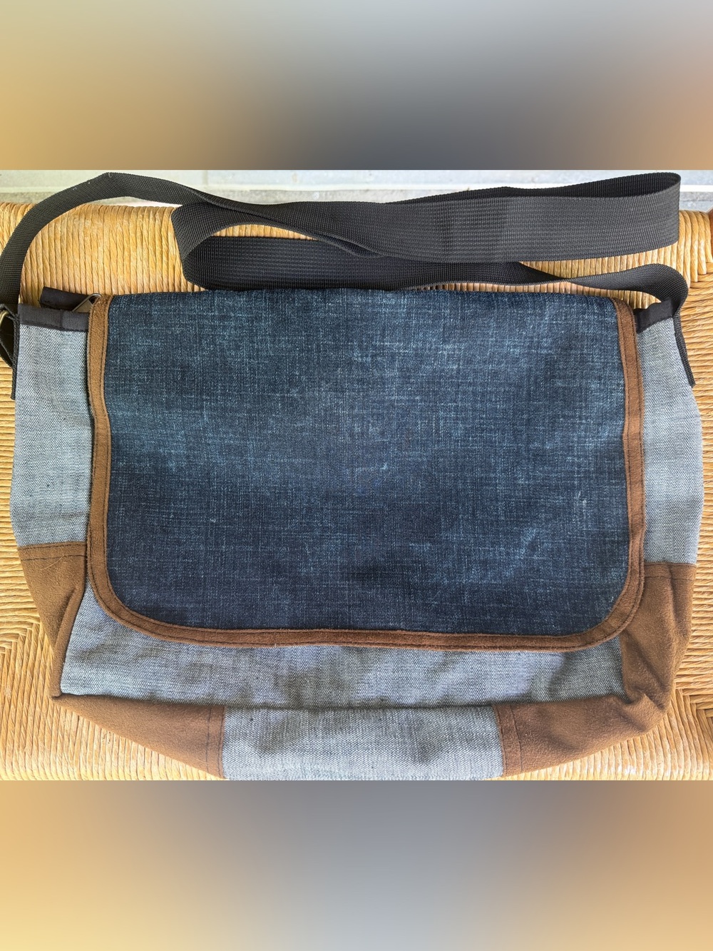 Canvas Messenger Bag in Navy with Brown Trim - unisex